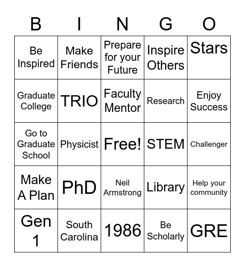 McNair Scholars Bingo Card