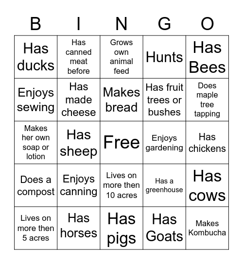 Homesteading Bingo Card