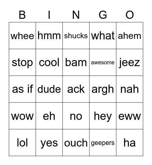 Interjections Bingo Card