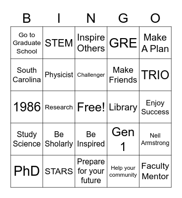 McNair Scholars Bingo Card