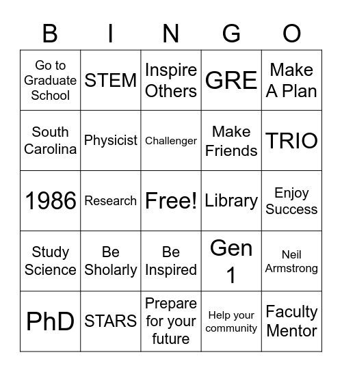 McNair Scholars Bingo Card