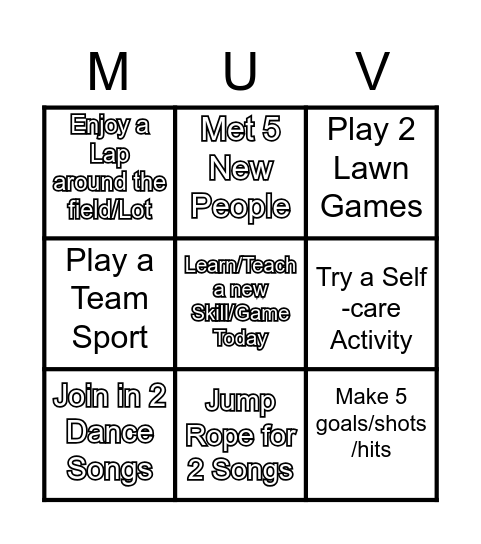 MUV 10 More Challenge Bingo Card