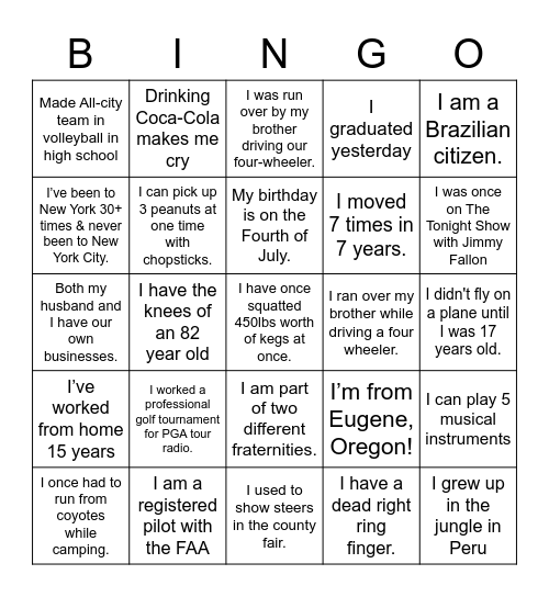 Get To Know Each Other Bingo Card