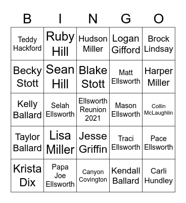 Ellsworth Reunion 2021 Bingo Card