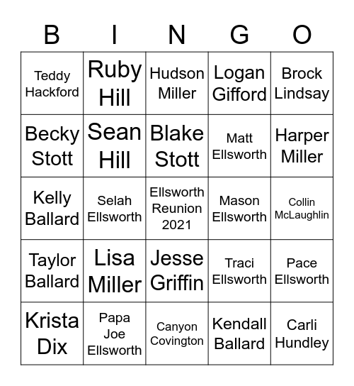 Ellsworth Reunion 2021 Bingo Card