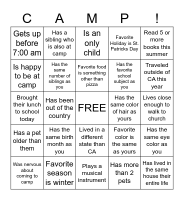 YW CAMP Bingo Card