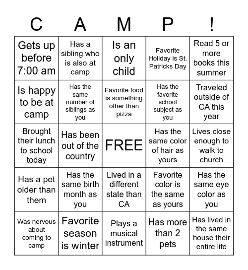 YW CAMP Bingo Card