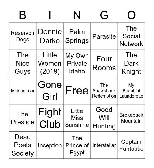 Favourite Movies Bingo Card