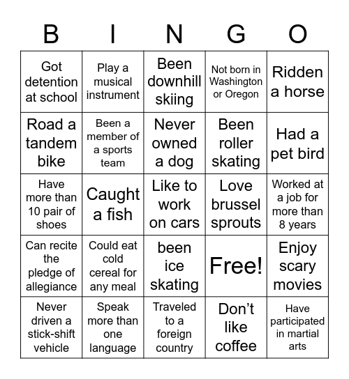 VanCare Bingo Card