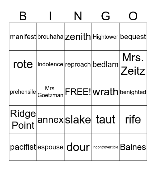 SAT Vocab Test 2.2 Bingo Card
