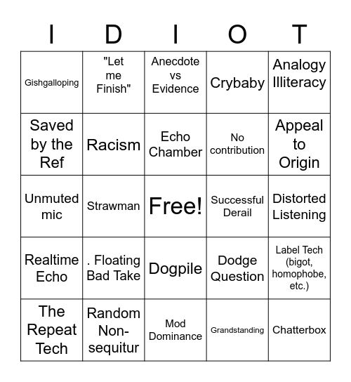 Panel IDIOT Bingo Card