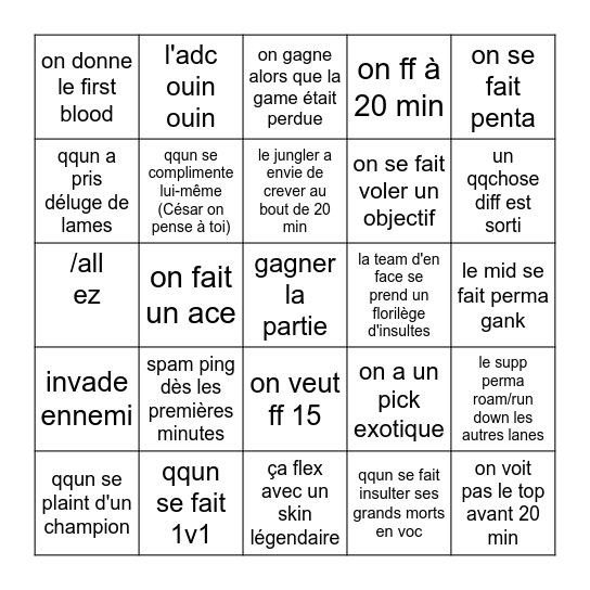 bingo LoL cringe Bingo Card