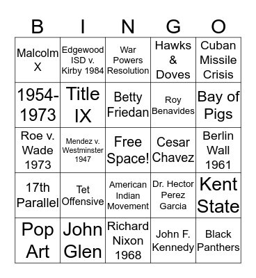 Jarrett CH 14 - 1960's Bingo Card