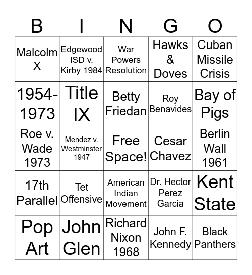 Jarrett CH 14 - 1960's Bingo Card