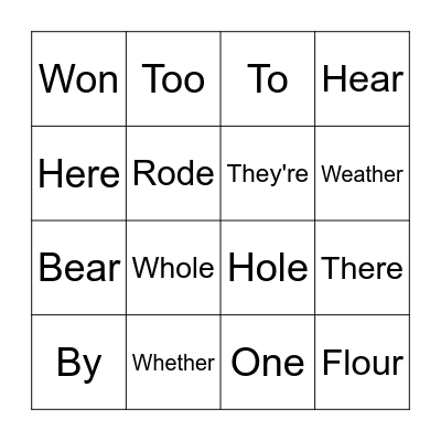 Homophones Bingo Card