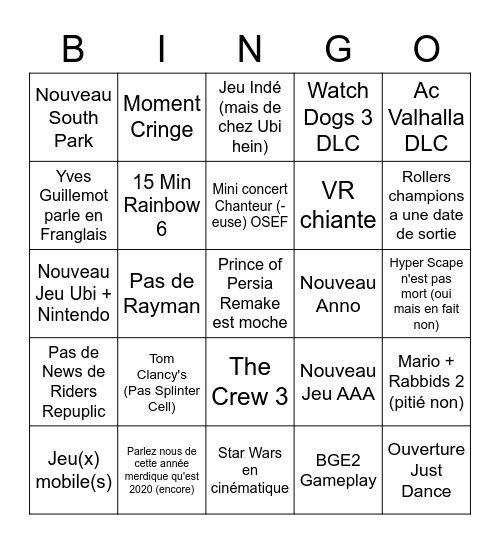 Bingo Ubisoft Forward E3 2021 Bingo Card