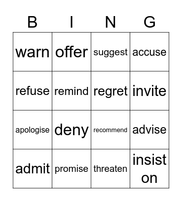 Special Introductory Verbs Bingo Card