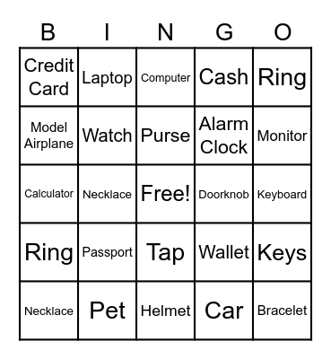 Objects Bingo Card