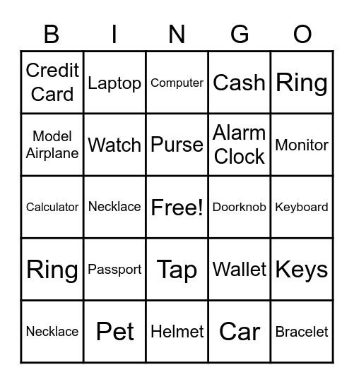 Objects Bingo Card