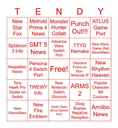 Nintendo E3 2021 Bingo Card