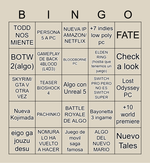 E3 Bingo Card