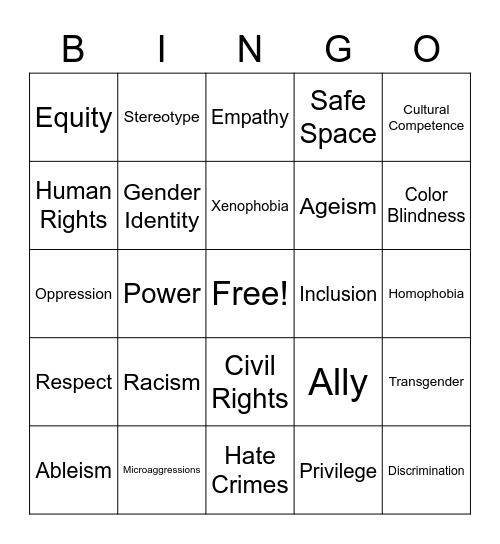 Social Justice, Diversity, Equity, Allyship Bingo Card