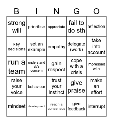 Business Partner B1+ Unit 8 Bingo Card