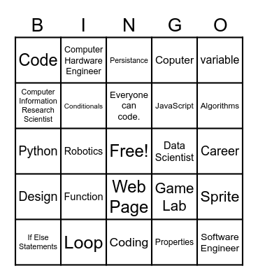 Coding End of Semester Bingo Card