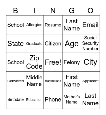 Personal Identity Bingo Card