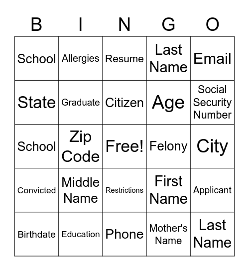 Personal Identity Bingo Card