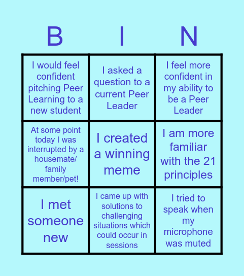 Peer Leader Assessment Centre Bingo Card