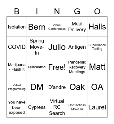 Reslife Pandemic Bingo Card