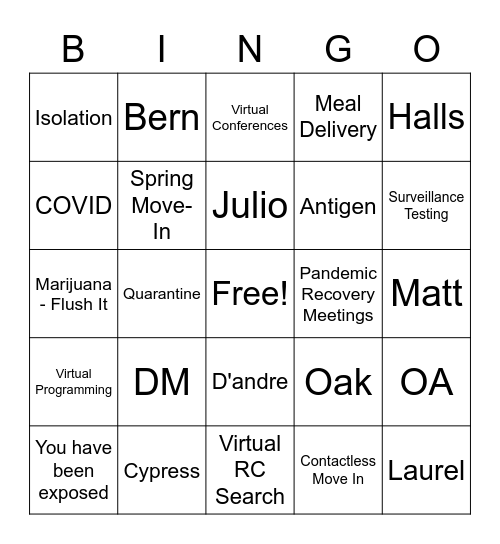Reslife Pandemic Bingo Card