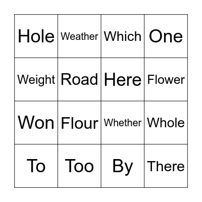 Homophones Bingo Card