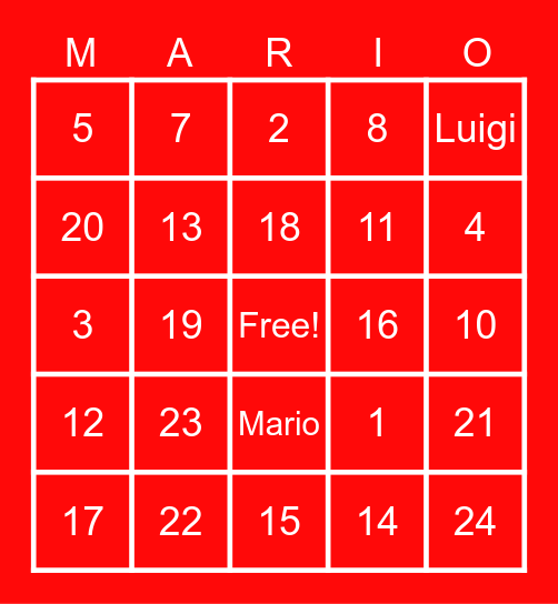 Super Mario Bingo Card