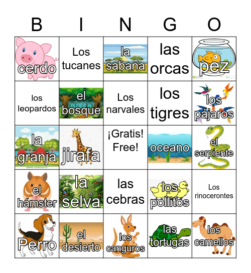 Los Animales, Mascotas, y Hábitats Bingo Card