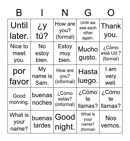 Plascore Spanish Greetings Bingo Card