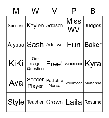 Miss West Virginia Bingo Card