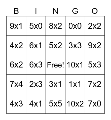 Multiplication Bingo Card