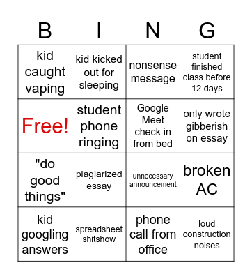 Summer School Bingo Card