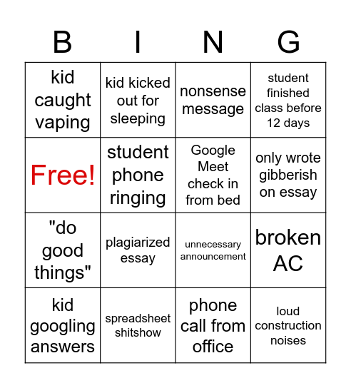 Summer School Bingo Card