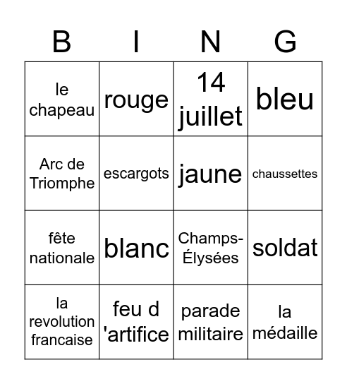 Bastille Day Bingo Card