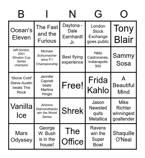 2001 Bingo Card