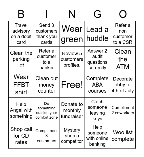 Banking Bingo Card