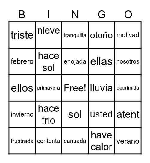 Spanish Bingo Card