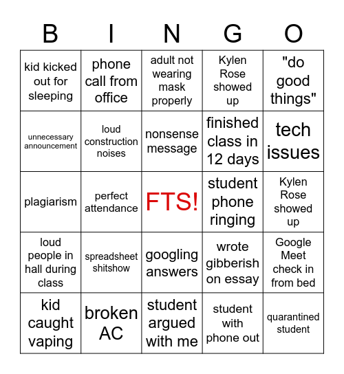 Summer School Bingo Card