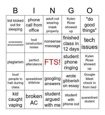 Summer School Bingo Card