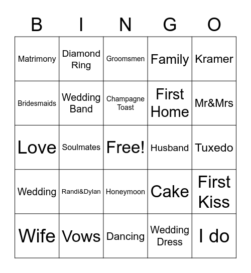 Randi's Bridal Shower Bingo Card