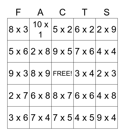 MATH FACTS Bingo Card