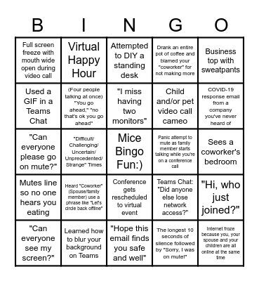 Working From Home Bingo Card